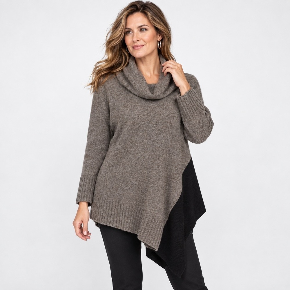 Eileen Fisher Cowlneck Asymmetrical Sweater Womens S Brown Black Relaxed Merino